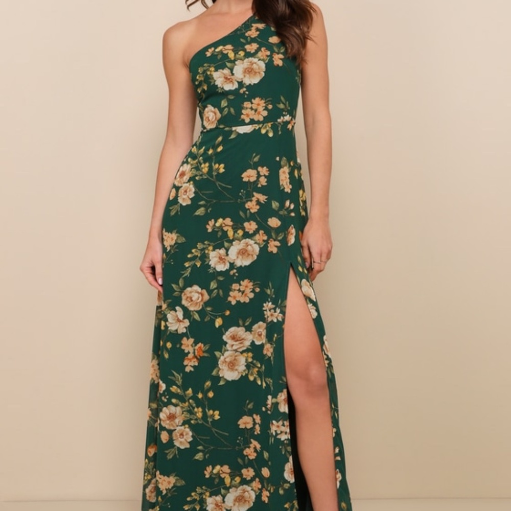 Lulus Elegant Admiration Emerald Green Floral One-shoulder Maxi Dress - Size L